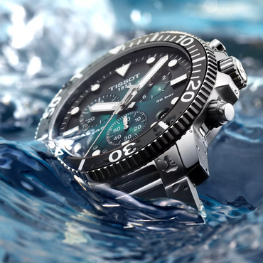 Tissot Seastar 1000 45.5mm watch on a colored background