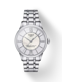 Front view of the watch Tissot Chemin des Tourelles Powermatic 80 Lady with shadow