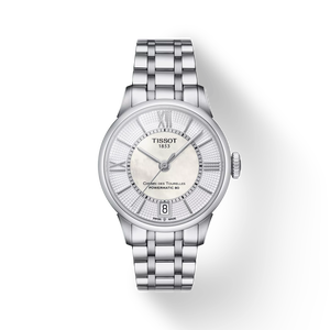 Front view of the watch Tissot Chemin des Tourelles Powermatic 80 Lady with shadow