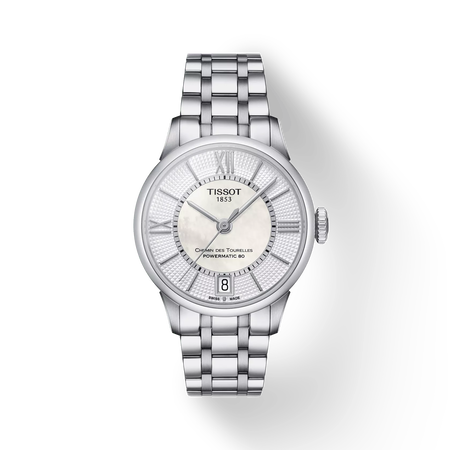 มุมมองด้านหน้าของนาฬิกา Tissot Chemin des Tourelles Powermatic 80 Lady พร้อมเงา