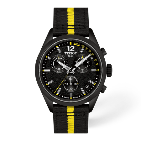 Vooraanzicht van het horloge Tissot PR 100 Tour de France 2026 40mm met schaduw