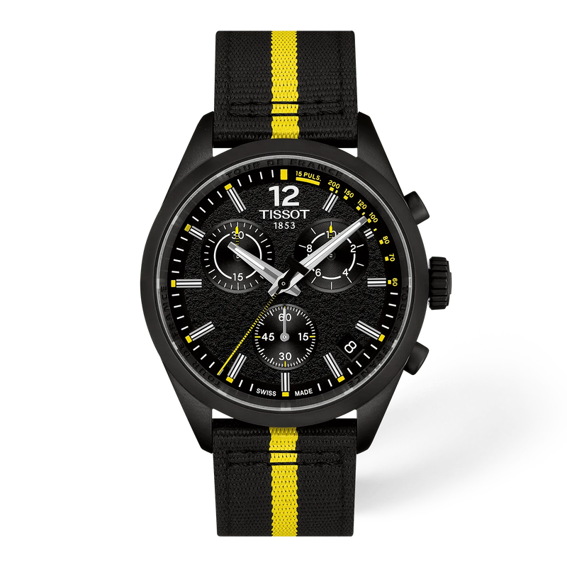 Vooraanzicht van het horloge Tissot PR 100 Tour de France 2026 40mm met schaduw