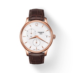 Front view of the watch Tissot Tradition GMT with shadow