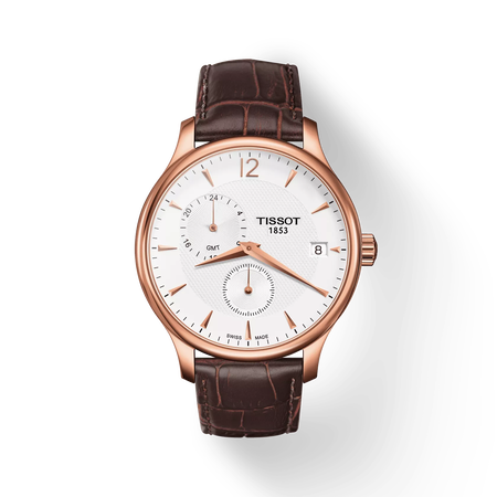 Front view of the watch Tissot Tradition GMT with shadow