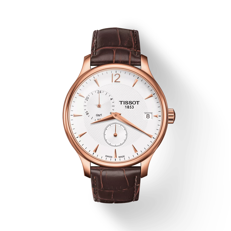 Front view of the watch Tissot Tradition GMT with shadow
