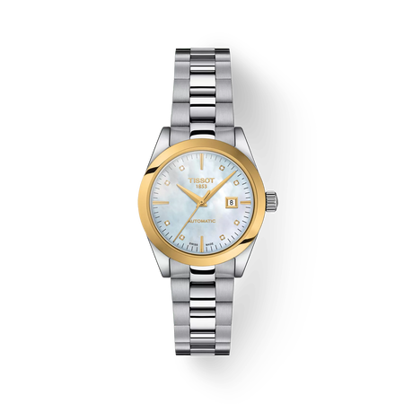 Front view of the watch Tissot T-My Lady Gold 29mm with shadow