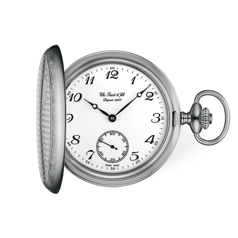 Vooraanzicht van het horloge Tissot Savonnette 49.4mm met schaduw