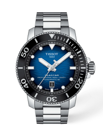 Front view of the watch Tissot Seastar 2000 46mm with shadow