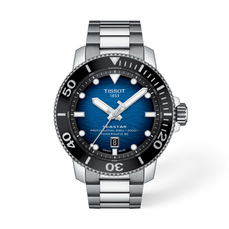 Front view of the watch Tissot Seastar 2000 46mm with shadow