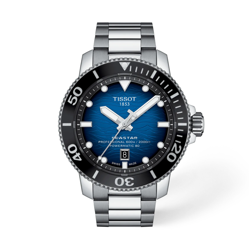 Vorderansicht der Uhr Tissot Seastar 2000 46mm mit Schatten