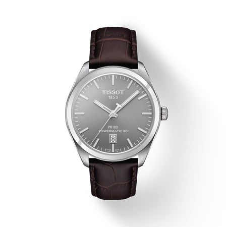 Front view of the watch Tissot PR 100 Powermatic 80 with shadow