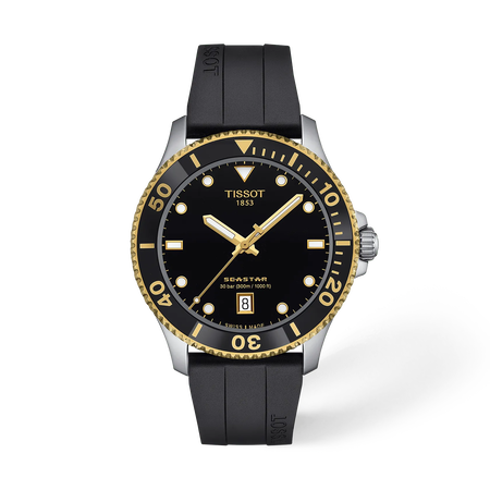 Front view of the watch Tissot Seastar 1000 40mm with shadow