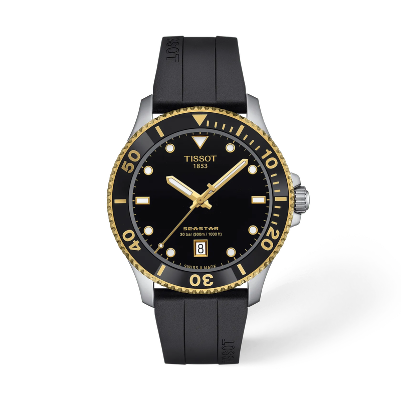 Front view of the watch Tissot Seastar 1000 40mm with shadow