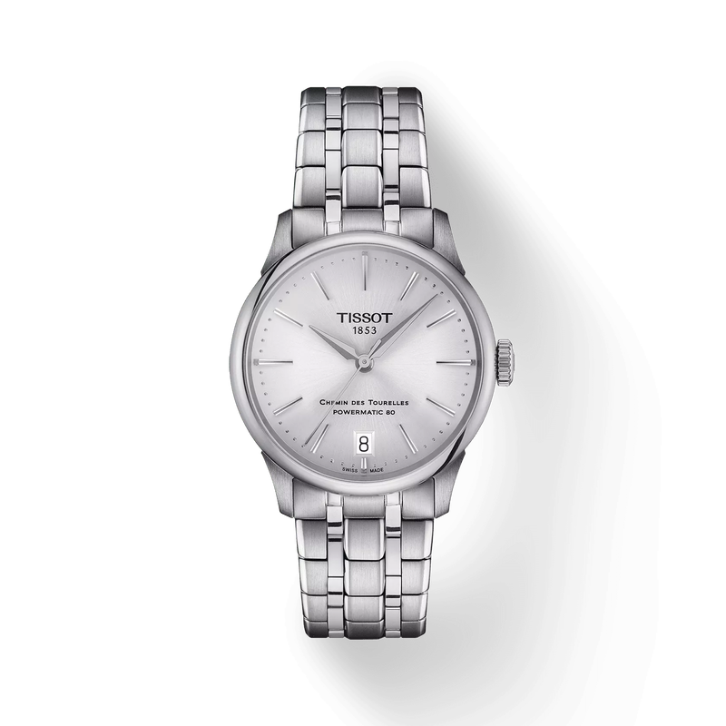 Front view of the watch Tissot Chemin des Tourelles Powermatic 80 34 mm with shadow