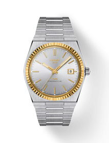 그림자가 있는 티쏘 PRX 파워매틱 80 스틸 & 18K 골드 베젤 시계의 전면 보기