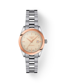 그림자가 있는 티쏘 T-마이 레이디 오토매틱 18K 골드 베젤 시계의 전면 보기