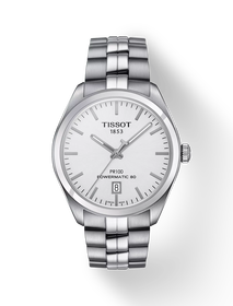 มุมมองด้านหน้าของนาฬิกา Tissot PR 100 Powermatic 80 พร้อมเงา