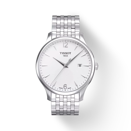 มุมมองด้านหน้าของนาฬิกา Tissot Tradition พร้อมเงา