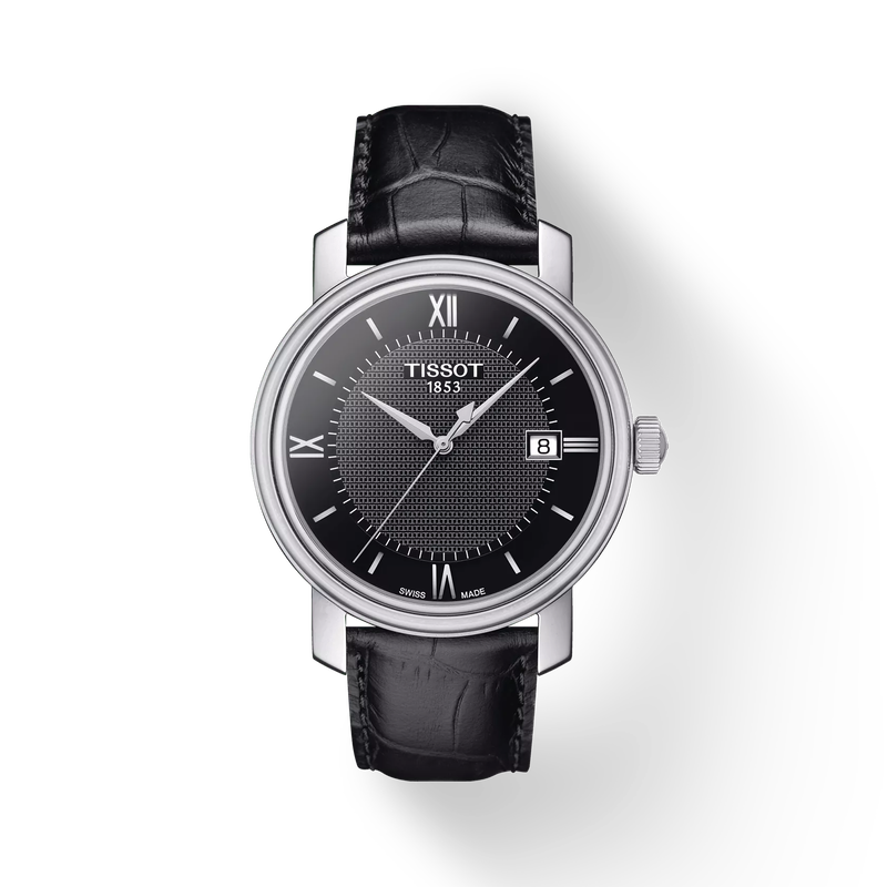 Front view of the watch Tissot Bridgeport with shadow