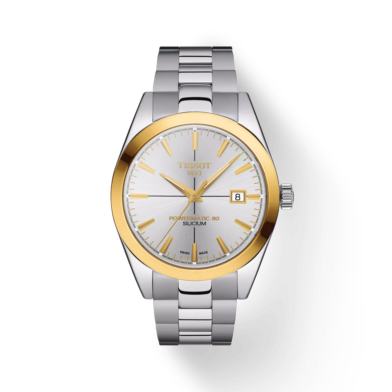 Front view of the watch Tissot Gentleman Gold Bezel 40mm with shadow