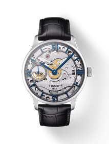 Front view of the watch Tissot Chemin des Tourelles Squelette Mechanical with shadow