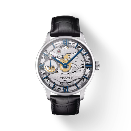 Front view of the watch Tissot Chemin des Tourelles Squelette Mechanical with shadow