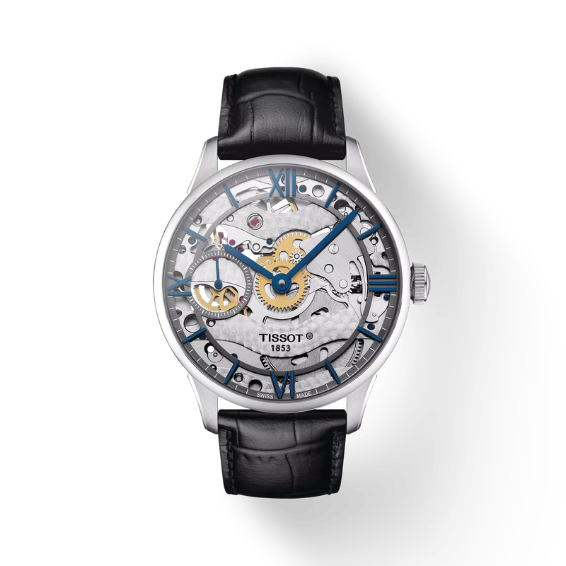 Front view of the watch Tissot Chemin des Tourelles Squelette Mechanical with shadow