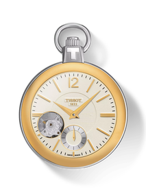 Front view of the watch Tissot Pocket Mechanical Skeleton with shadow