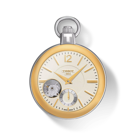 Vue de face de la montre Tissot Pocket Mechanical Skeleton avec ombre