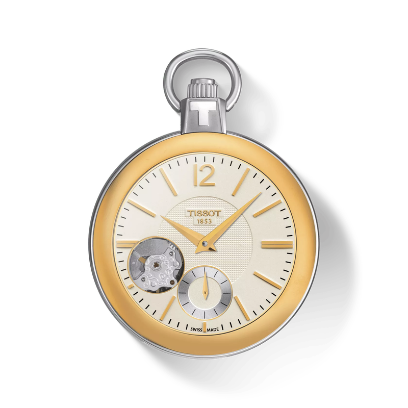 Vue de face de la montre Tissot Pocket Mechanical Skeleton avec ombre