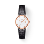 Front view of the watch Tissot Goldrun Gold 29mm with shadow