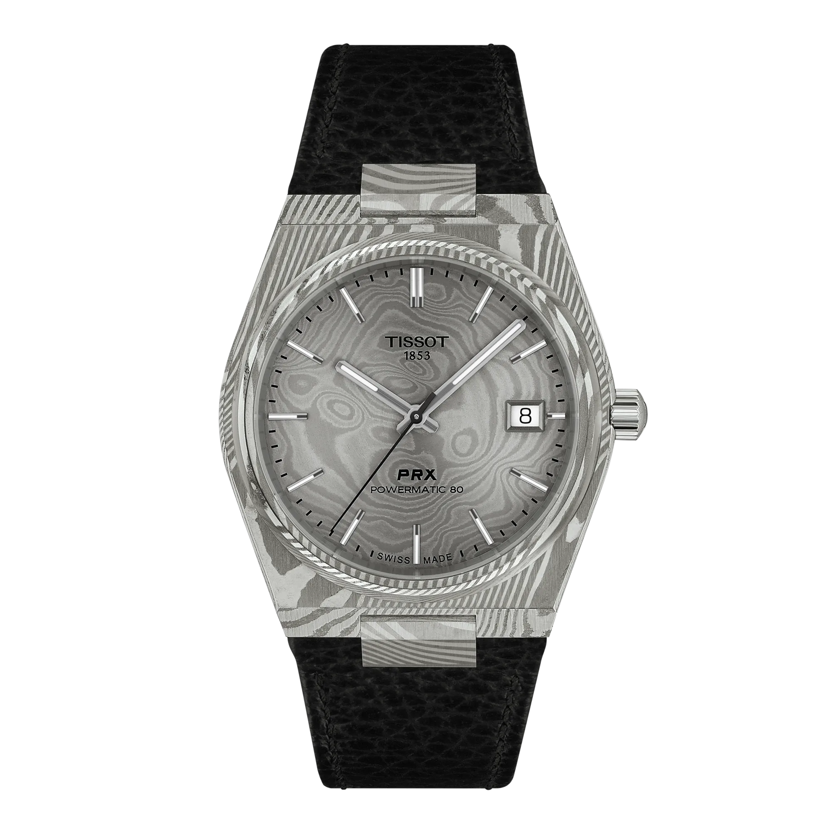 Front view of the watch Tissot PRX Damascus Steel 38mm