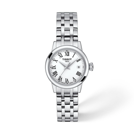 Front view of the watch Tissot Classic Dream 28mm with shadow