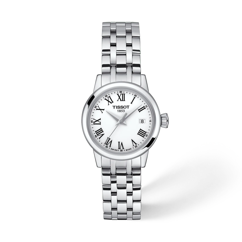 Vooraanzicht van het horloge Tissot Classic Dream 28mm met schaduw