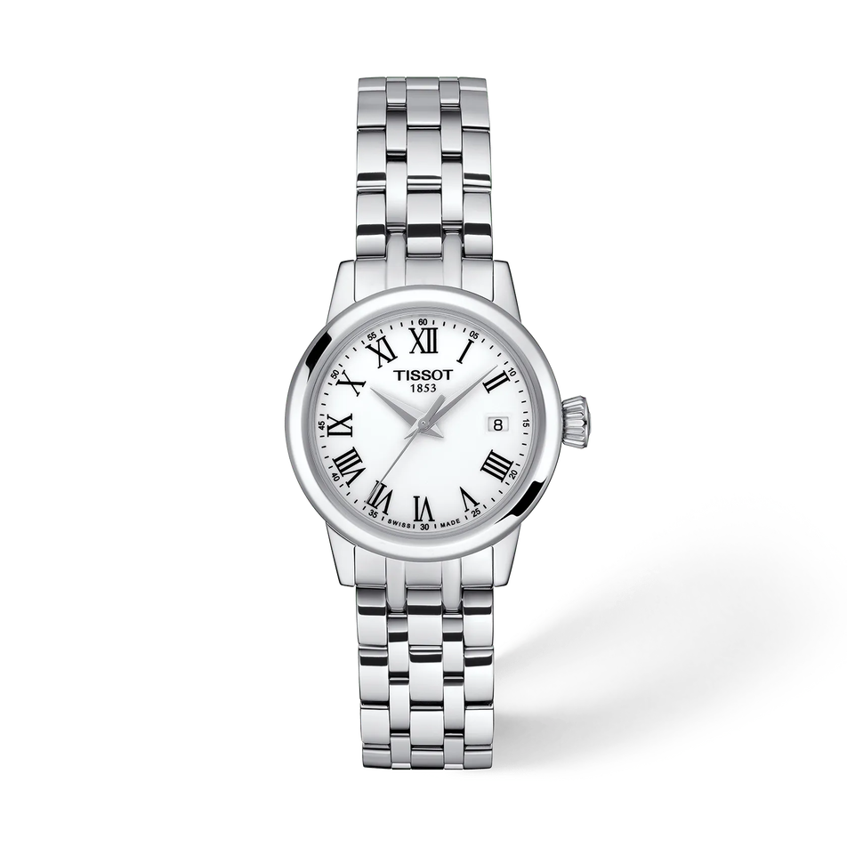 Front view of the watch Tissot Classic Dream 28mm with shadow