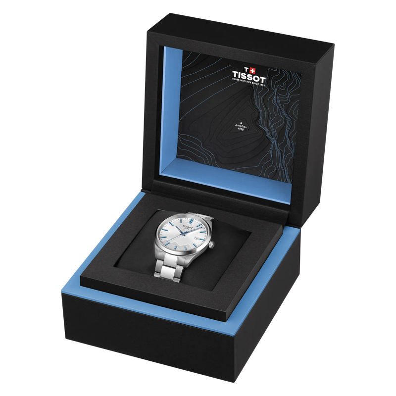 시계 티쏘 PR 100 융프라우 쿼츠 40mm의 앞면이 열린 상태입니다.