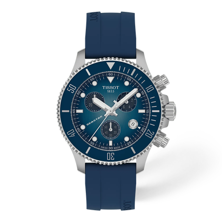 Vooraanzicht van het horloge Tissot Seastar 1000 38mm met schaduw
