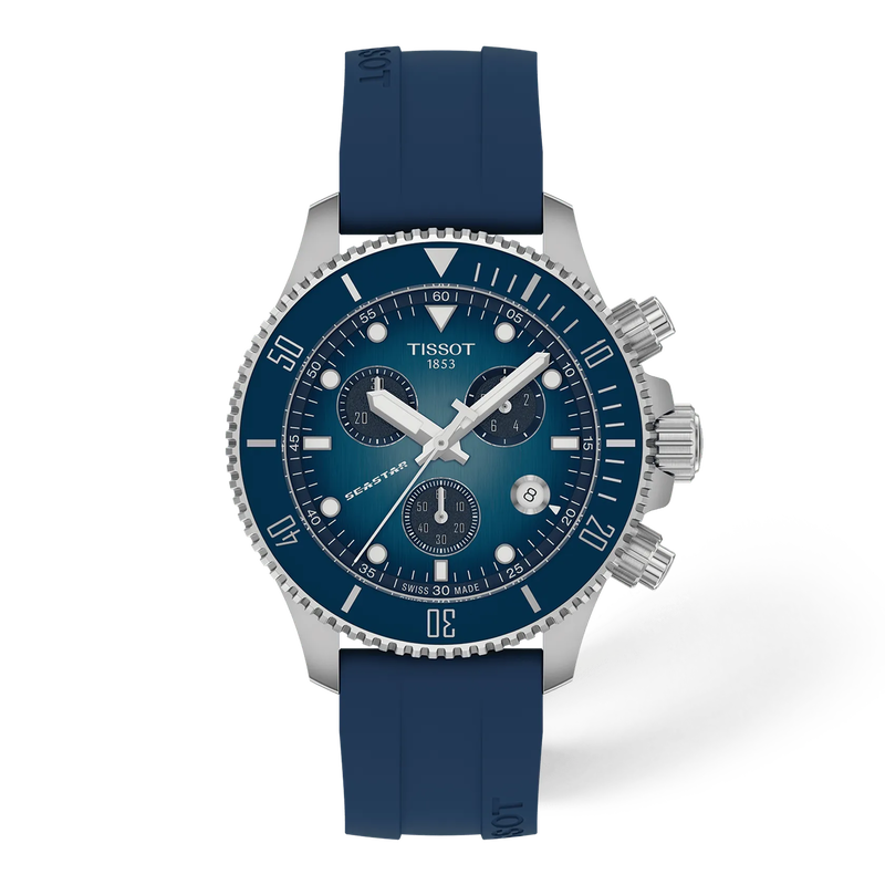 Front view of the watch Tissot Seastar 1000 38mm with shadow