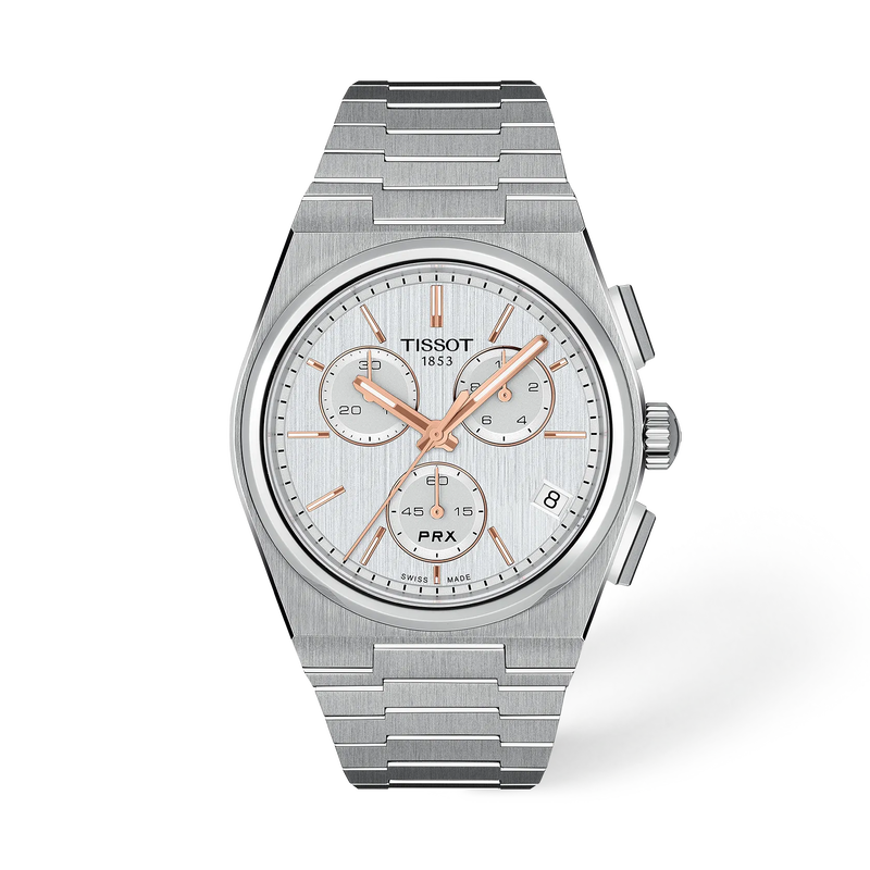 Front view of the watch Tissot PRX 41mm with shadow