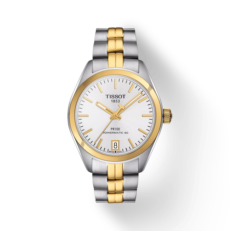Vorderansicht der Uhr Tissot PR 100 Powermatic 80 Lady mit Schatten