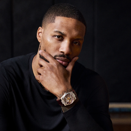 Simulation of the watch Tissot PRX Skeleton Damian Lillard Special Edition on a wrist