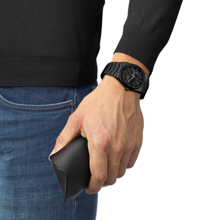 Simulation of the watch Tissot PRX UFO Robot Grendizer 50th Anniversary 40mm on a wrist
