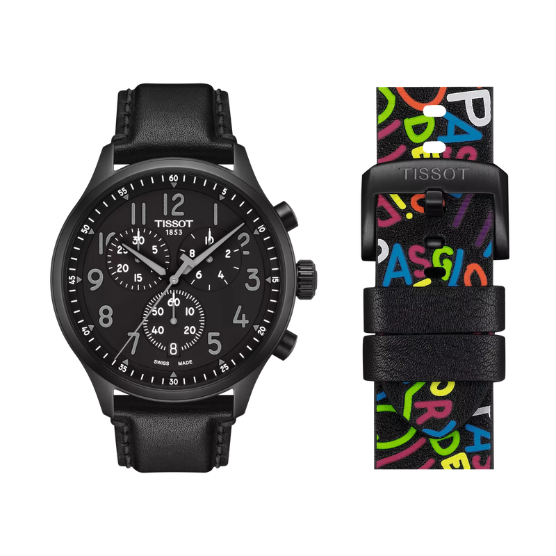 Front view of the watch Tissot Chrono XL Special Edition Roglic with additional bracelet