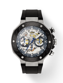 Vista frontal del reloj Tissot T-Race MotoGP 2025 45mm con sombra
