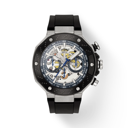 Vista frontal del reloj Tissot T-Race MotoGP 2025 45mm con sombra