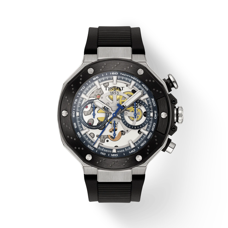 Vista frontal del reloj Tissot T-Race MotoGP 2025 45mm con sombra