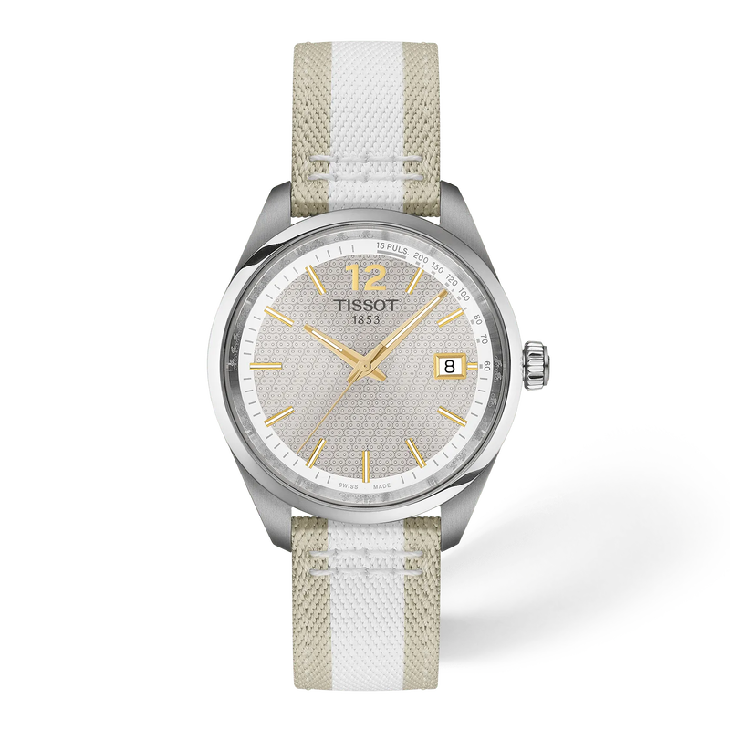 Front view of the watch Tissot PR 100 34mm with shadow