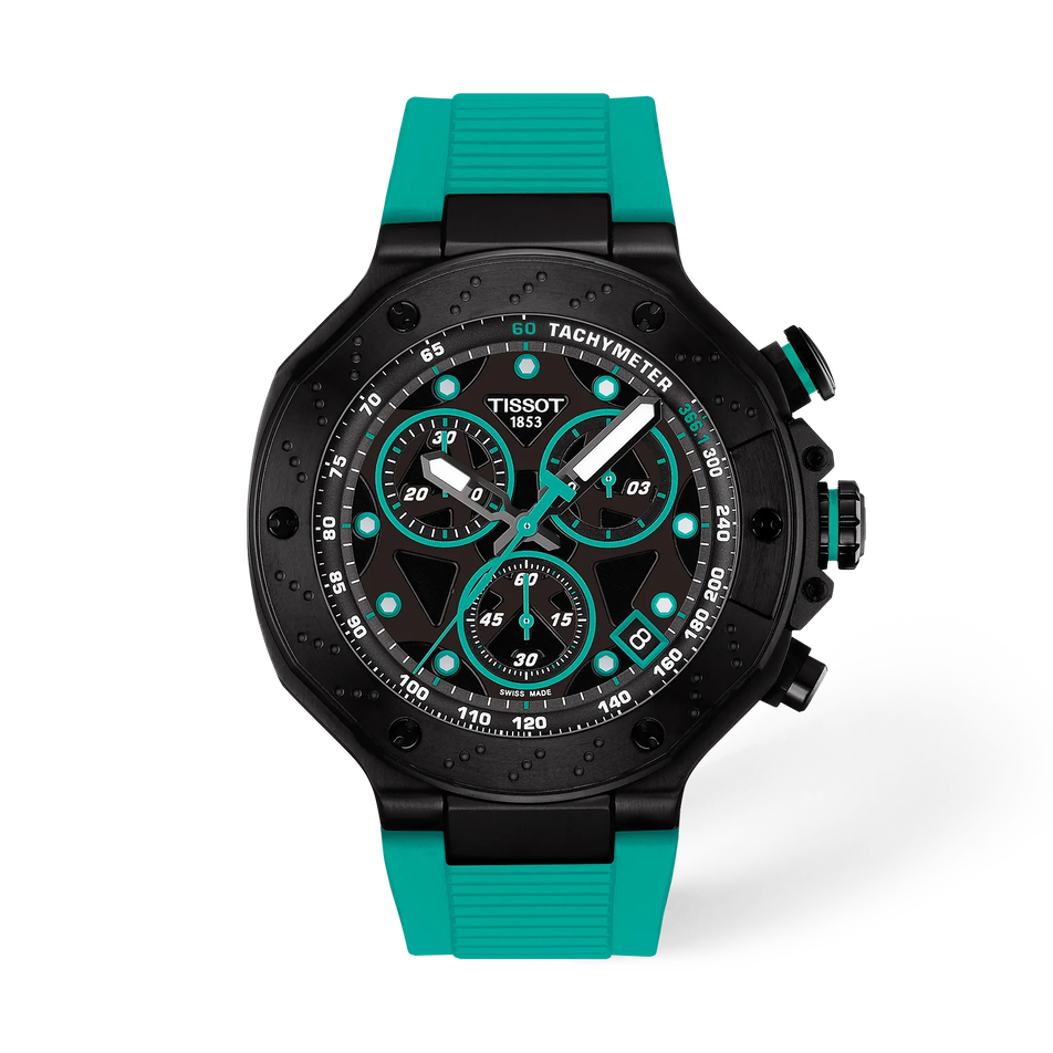 Vorderansicht der Uhr Tissot T-Race 45mm mit Schatten