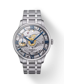 Front view of the watch Tissot Chemin des Tourelles Squelette Mechanical with shadow