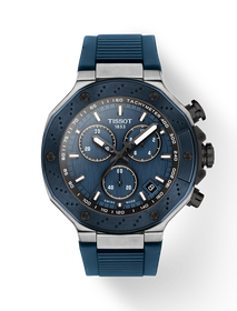 그림자가 있는 티쏘 T-레이스 쿼츠 크로노그래프 시계의 전면 보기